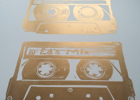 Linocut tapes Golden duo #1 (cassette tapes, retro music, 70's, 80's rock culture)