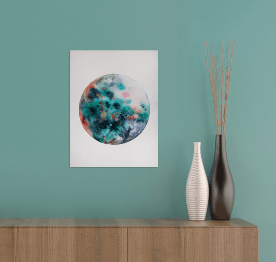 Green Moon Original Watercolor Painting, Golden Lunar Wall Art, Celestial Bedroom Decor