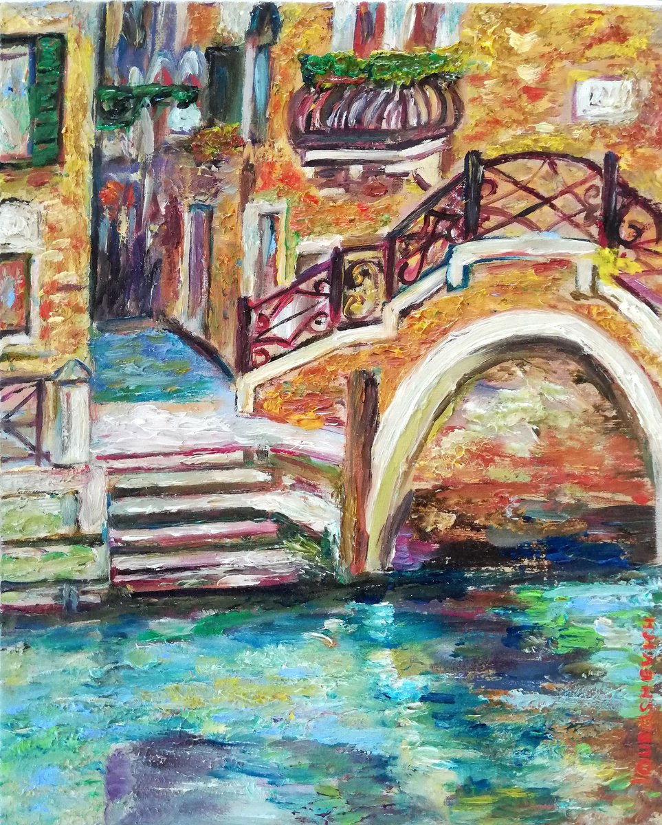 Impressionistic Cityscapes Oil Painting By Katia Ricci, 10 X 12", A Walk In Venice, Original Artwork