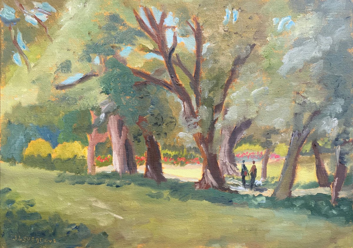 Original Oil Painting, a meeting in the Park by Julian Lovegrove Art