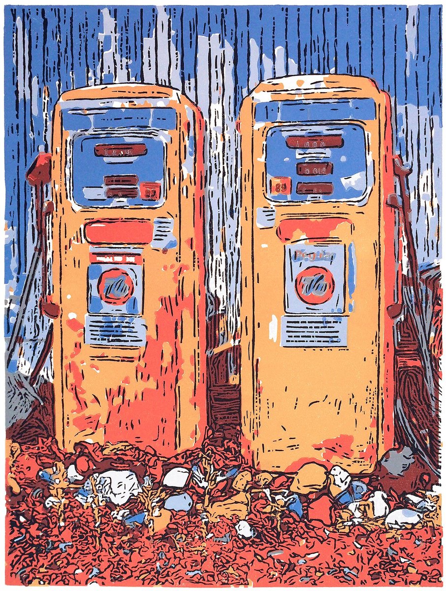 Graphic Cityscapes Linocut By Francis Stanton, 11 X 14, Gas Pumps, Original Artwork