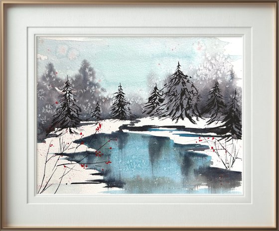 Winter day River in the forest