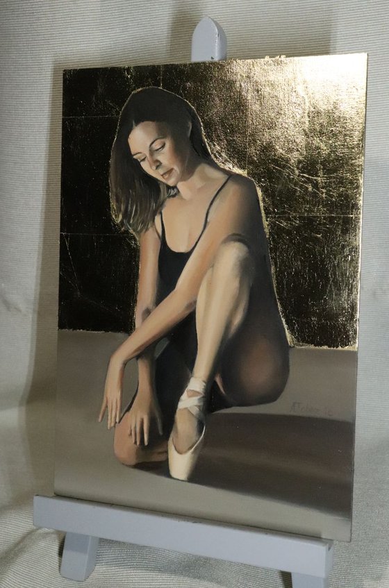 Portrait of a Dancer, 24K Gold Leaf Background, Ballet Painting, Ballerina, Framed Dancer Painting