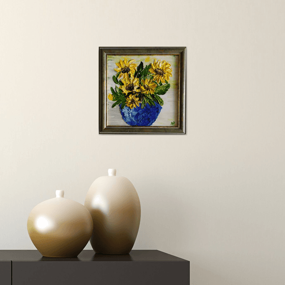 Sunflowers, original impasto flower oil painting, Gift, small framed art