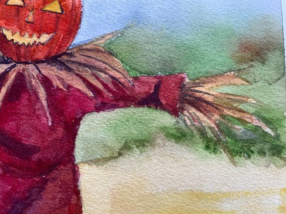 Halloween Watercolor Painting Original, Scarecrow Artwork, Spooky Season Wall Art