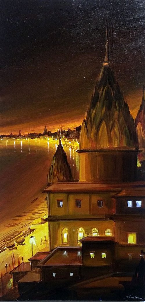 Night Varanasi Ghat  From Top View by Samiran Sarkar