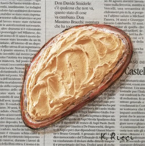 "Bread with Peanut Butter on Newspaper" Original Acrylic on Canvas Board Painting 6 by 6 inches (15x15 cm) by Katia Ricci