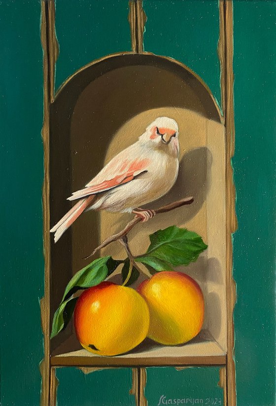 Still life with bird and apple (24x35cm, oil painting, ready to hang)
