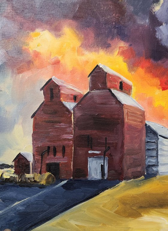 "Againts a Fiery Sky" - Landscape - Grain Elevators