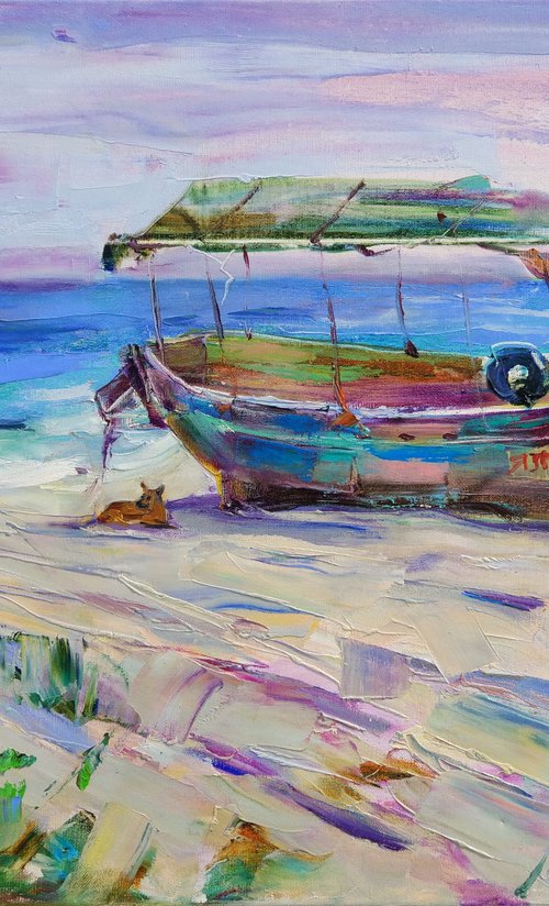 Sea , sun and relax . Dog and old boat . Original plein air oil painting . by Helen Shukina