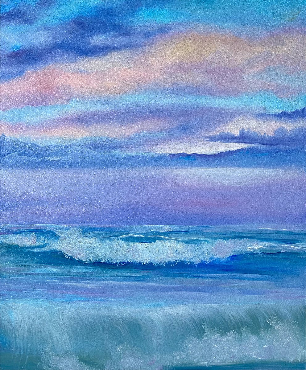 Impressionistic Landscape Oil Painting By Anna Lyashenko, 10 X 12, Sunset Waves, Original Artwork