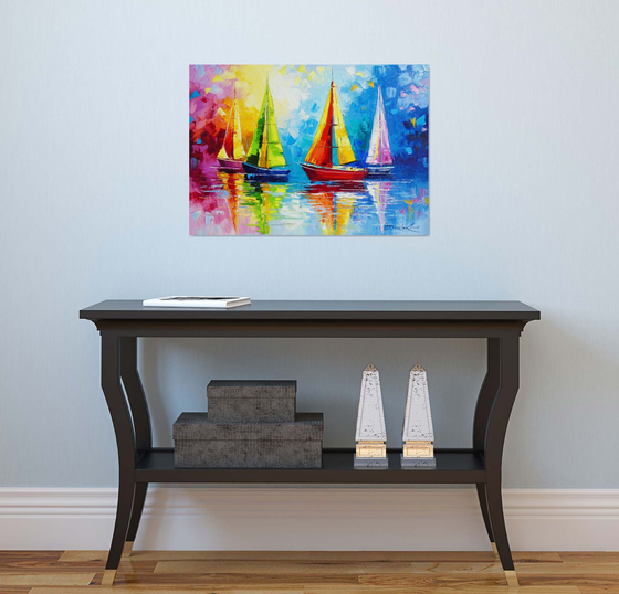 Sailboats in the rainbow dawn