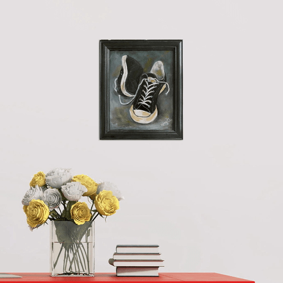 Vintage Black All Star Black Sneakers Original Oil Painting 8x10 framed
