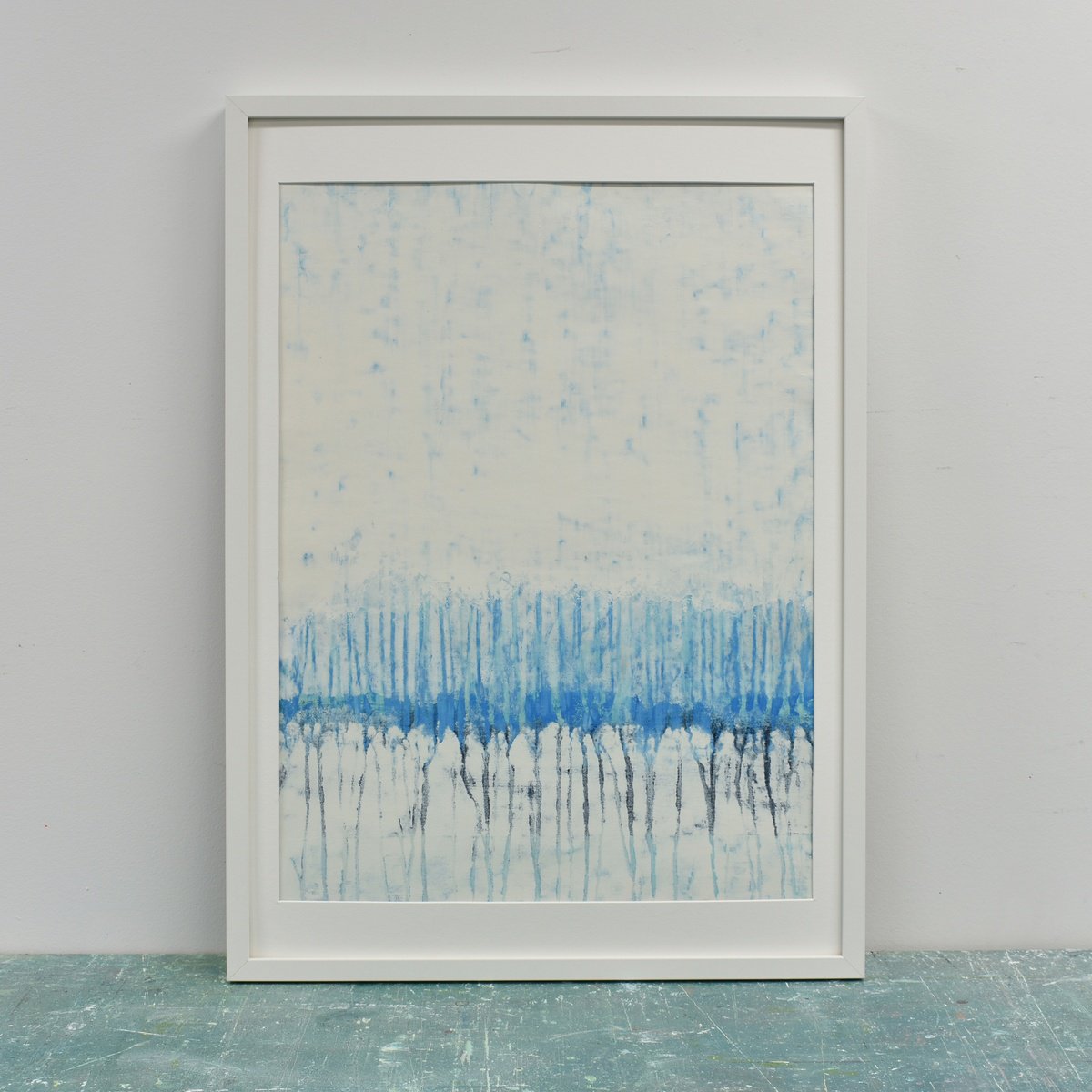 Cerulean Frost - Blue and white drip painting on paper by Carney
