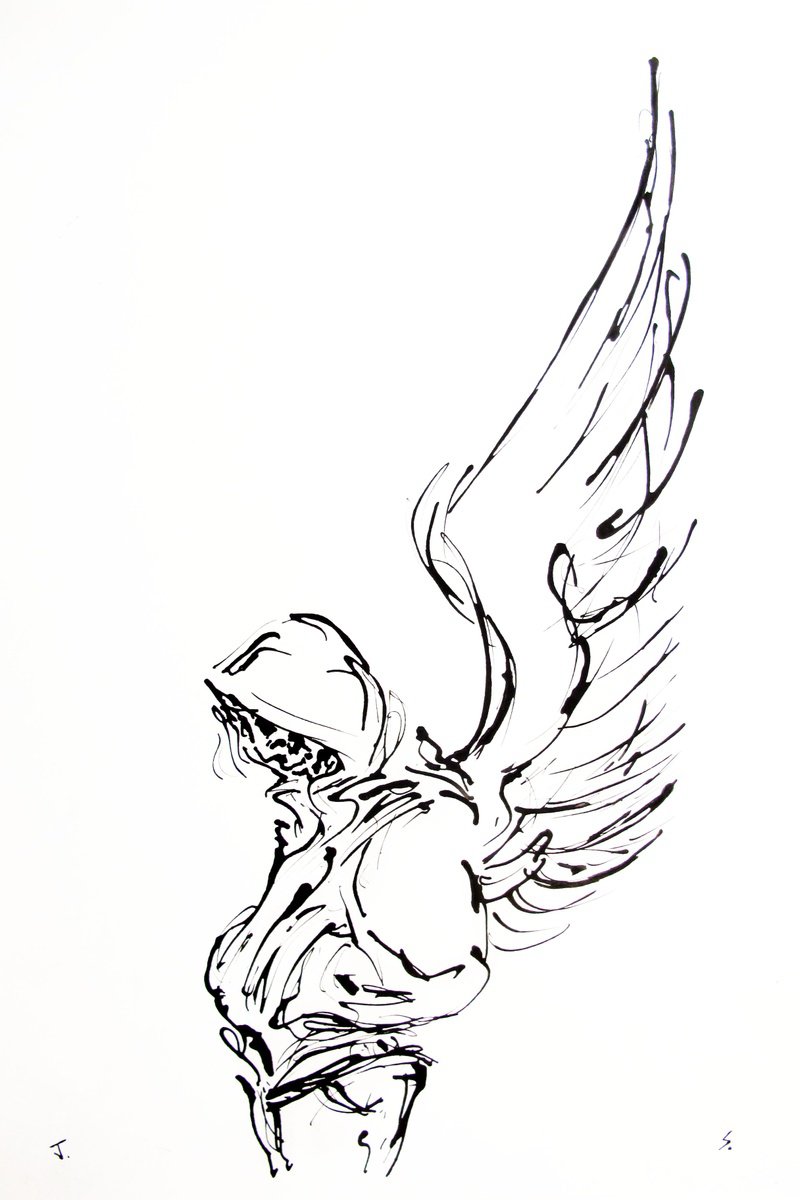 Surrealistic Portrait Ink Drawing By John Sharp, 16 X 23, Angel Hood 1, Original Artwork