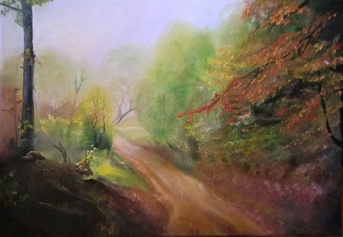 Photorealistic Landscape Oil Painting By Viktoria Deri, 20 X 14", Woodland Trail, Original Artwork