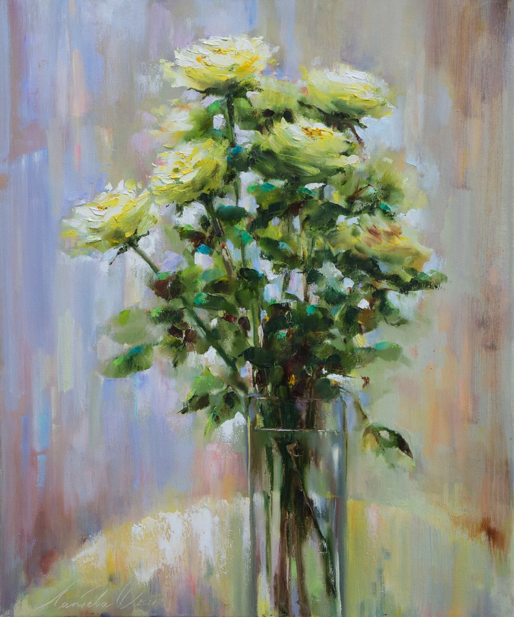 Impressionistic Botanical Oil Painting By Olha Laptieva, 20 X 24", White Roses, Original Artwork