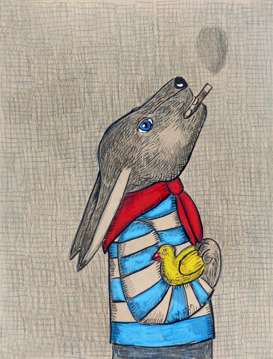 Smoking rabbit Mixed-media painting: Elizabeth Vlasova | Artfinder