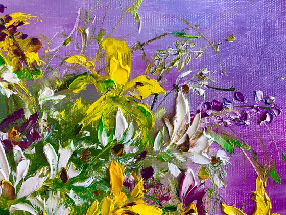 SUMMER FIREWORKS - Amazing bouquet. Bright flowers. wild lilies. Summer bouquet. Floral still life. Yellow. Vase.