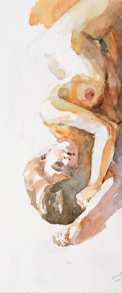 Nude in green and orange by Goran Žigolić Watercolors