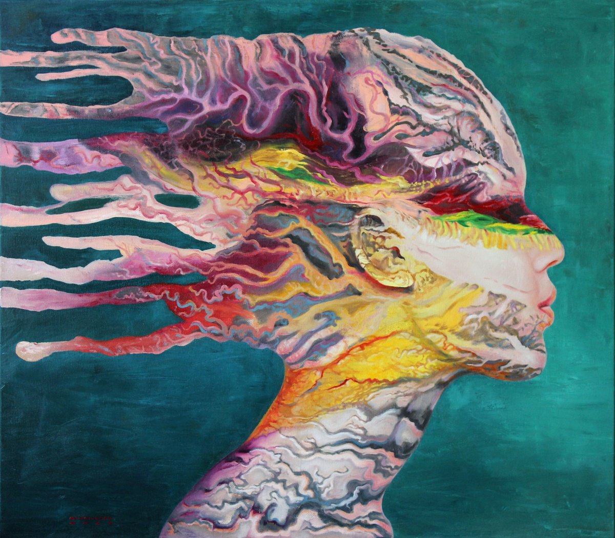 Organic Portrait Oil Painting By Ciprian Mihailescu, 35 X 31, Nostalgic Geology Ii, Original Artwork