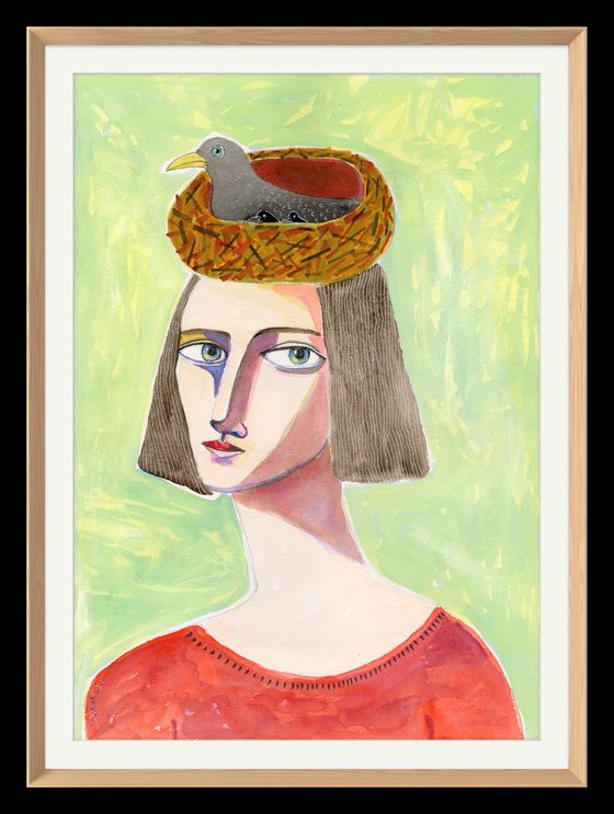 Bird Lover with Nest on Head