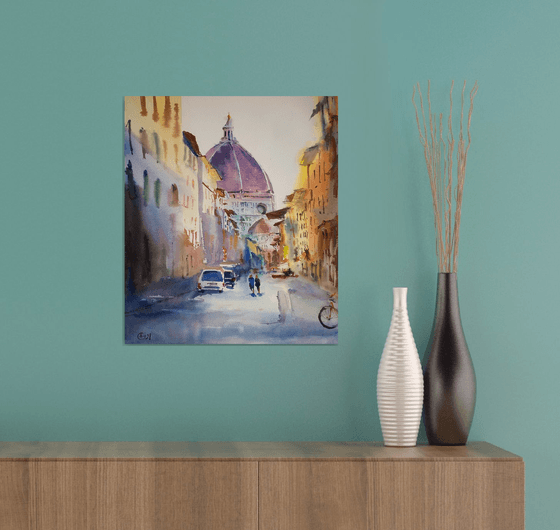 Florence in sunset light. Light and shadow with Duomo and city view. Medium format watercolor urban landscape italy toscana bright architecture travel