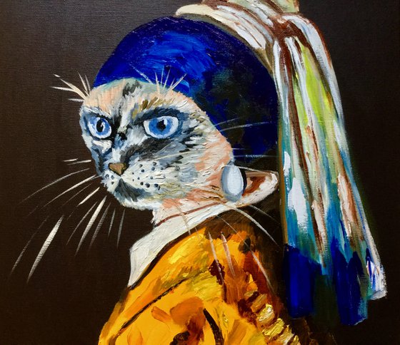 Siamese Cat with the pearl earring. Feline art. Blue eyes. Gift idea for cat lovers