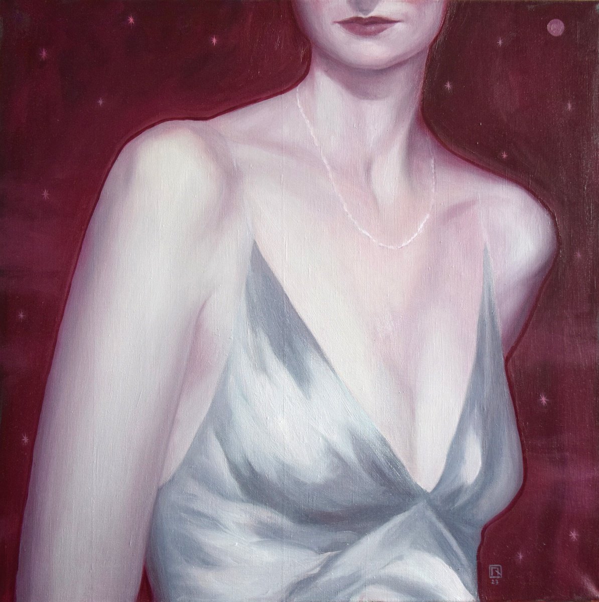 Photorealistic Portrait Oil Painting By Polina Kharlamova, 24 X 24", Red Space/2, Original Artwork