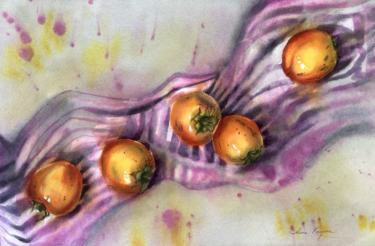 Impressionistic Still Life Watercolour By Alina Karpova, 22 X 15, Persimmons Still Life, Original Artwork