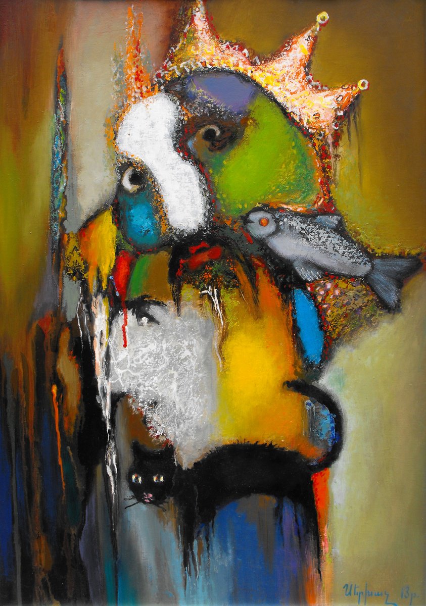 Abstract Portrait Painting By Sergey Xachatryan, 20 X 28", The King And The Black Cat, Original Artwork