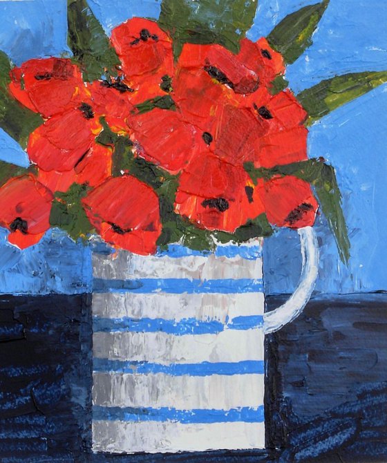 Red Flowers in a Striped Jug