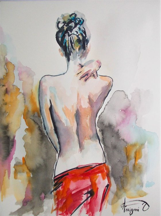 Study  - Nude woman Watercolor Painting on Paper