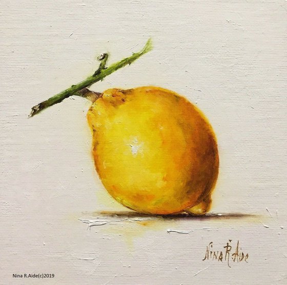 Still Life Lemon with Stem Original Oil Painting