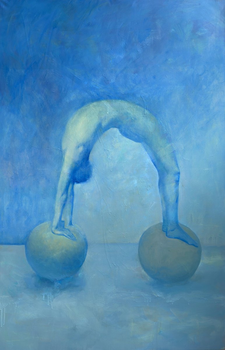 Naive Portrait Oil Painting By Zakhar Shevchuk, 39 X 61", The Strain Of Balance, Original Artwork