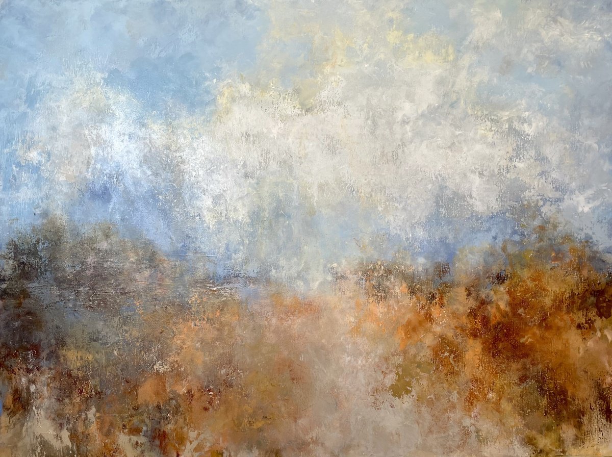 Abstract Acrylic Painting By Miri Baruch, 47 X 35", Wild Fields On A Cloudy Day, Original Artwork