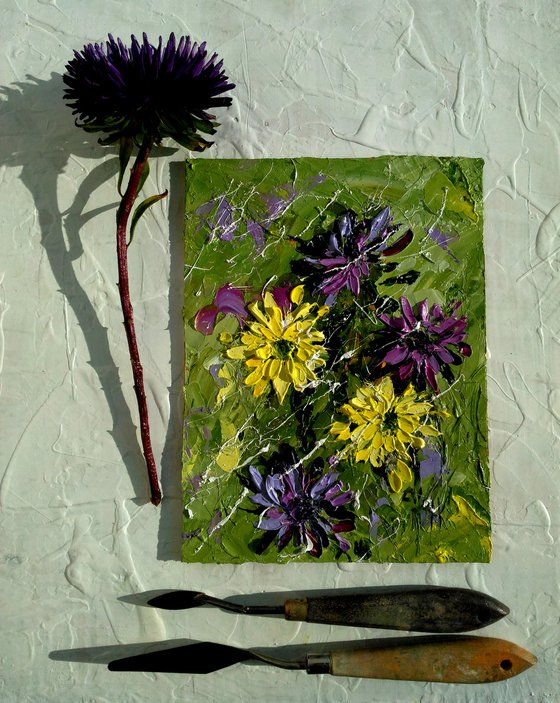 Asters Painting Floral Original Art Daisy Oil Impasto Pallete Knife Painting Abstract Flowers Small Home Wall Art 6 by 8" by Halyna Kirichenko