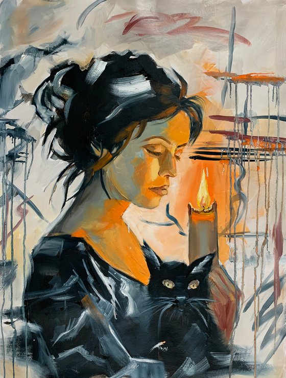 Woman with black cat,candle.