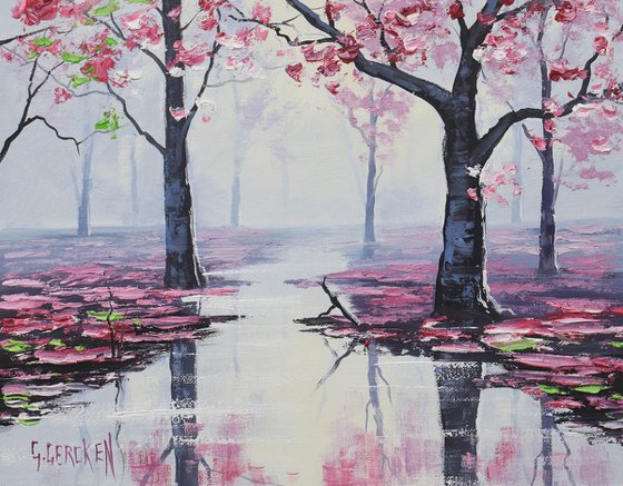 Pink blossom trees lake landscape