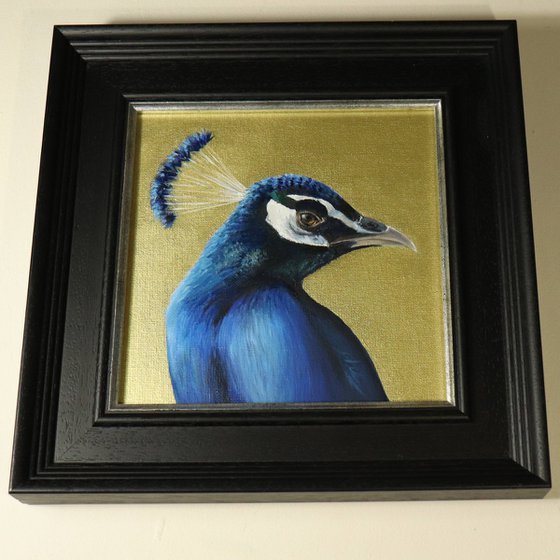 Peacock Portrait Original Oil Painting, Bright Blue Bird Painting with Gold Backdrop, not Print