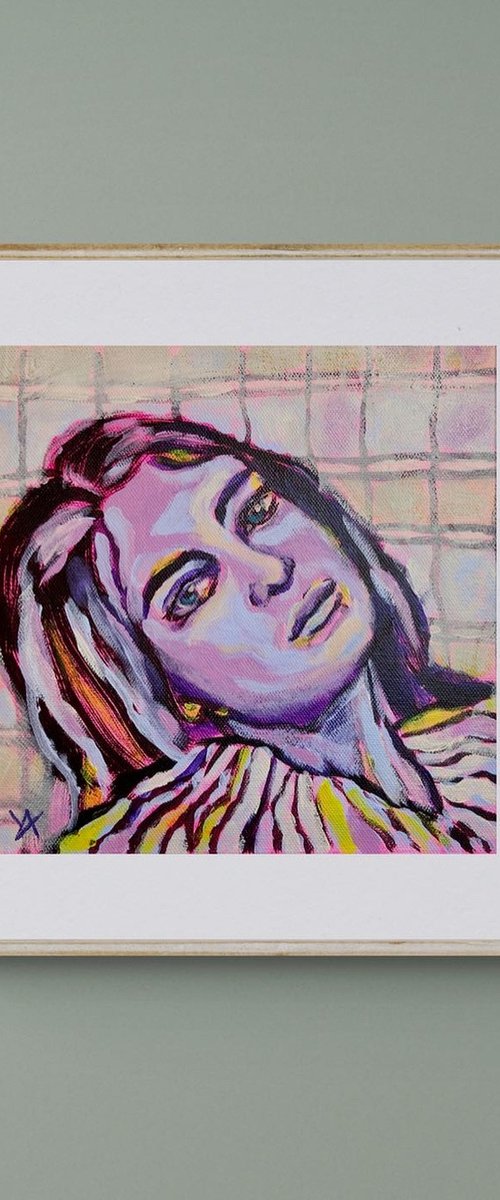 "FAR AWAY" - small colorful portrait, pink blue black, expressive female portrait by Yulia Ani