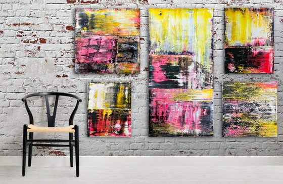 "A Motley Crew" - Save As A Series - Original PMS Abstract Polyptych Acrylic Paintings On Canvas and Wood - 70" x 50"