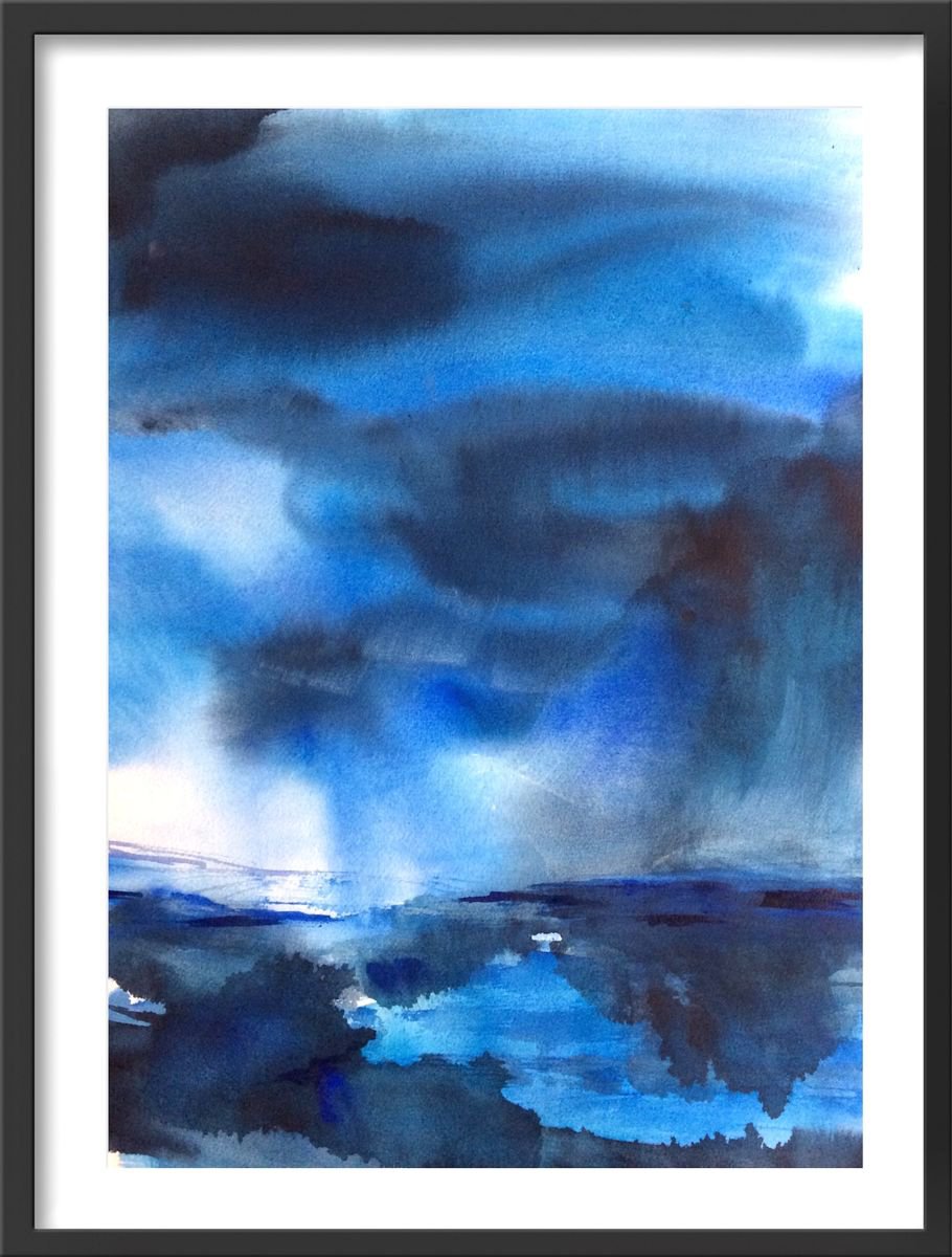 Impressionistic Landscape Watercolour By Gesa Reuter, 14 X 20, Blue Rhapsody, Original Artwork