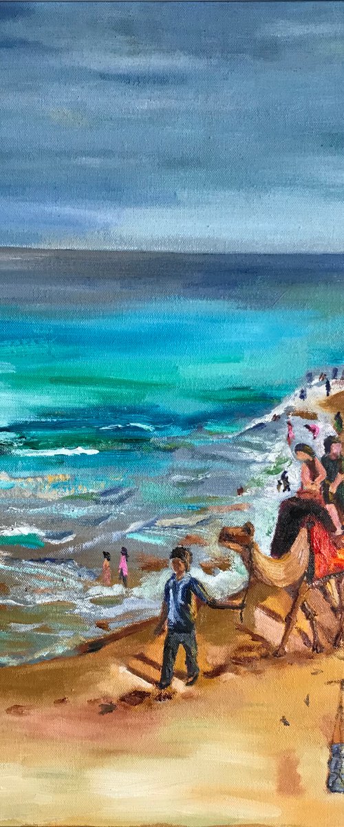 PURI BEACH 2, INDIA, SMALL OIL PAINTING, GIFT , SOUVENIR, ready to hang, framed by Geeta Yerra