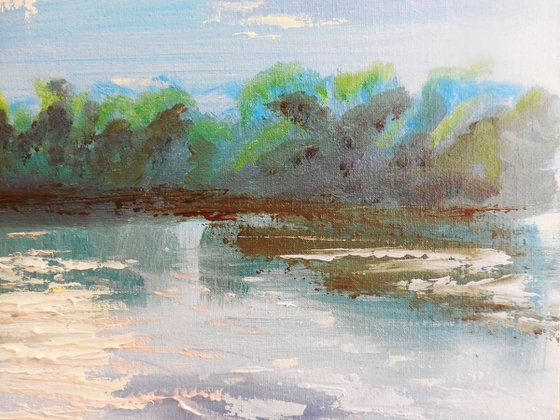White sunset at the river. Plein air painting