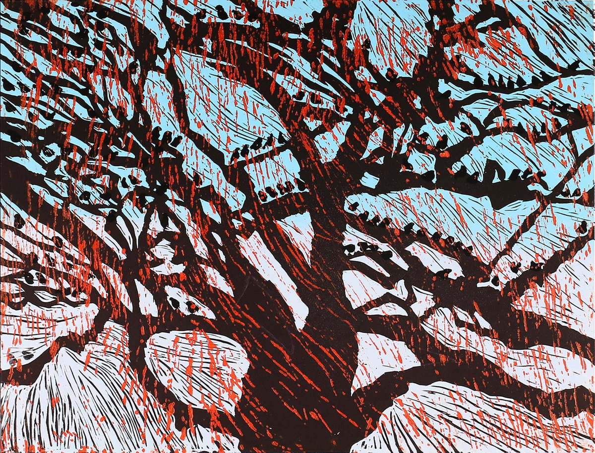 Impressionistic Landscape Linocut By Helen Boden, 18 X 14, The Congregation, Original Artwork