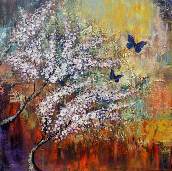 Two butterflies, flowers butterflies landscape large painting