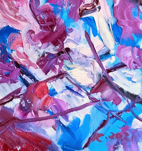 SAKURA BLOSSOM - abstract floral original oil on canvas painting, blue rose cherry-tree, Japan