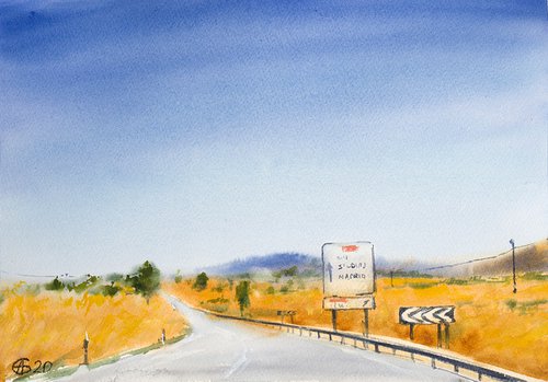 Long way home. Watercolor painting landscape sky impressionistic nature blue sky highway road Spain Travel trip yellow by Sasha Romm