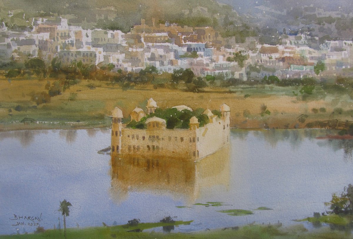Impressionistic Landscape Watercolour By Bhargavkumar Kulkarni, 18 X 12, Lake Palace, Jaipur, Original Artwork